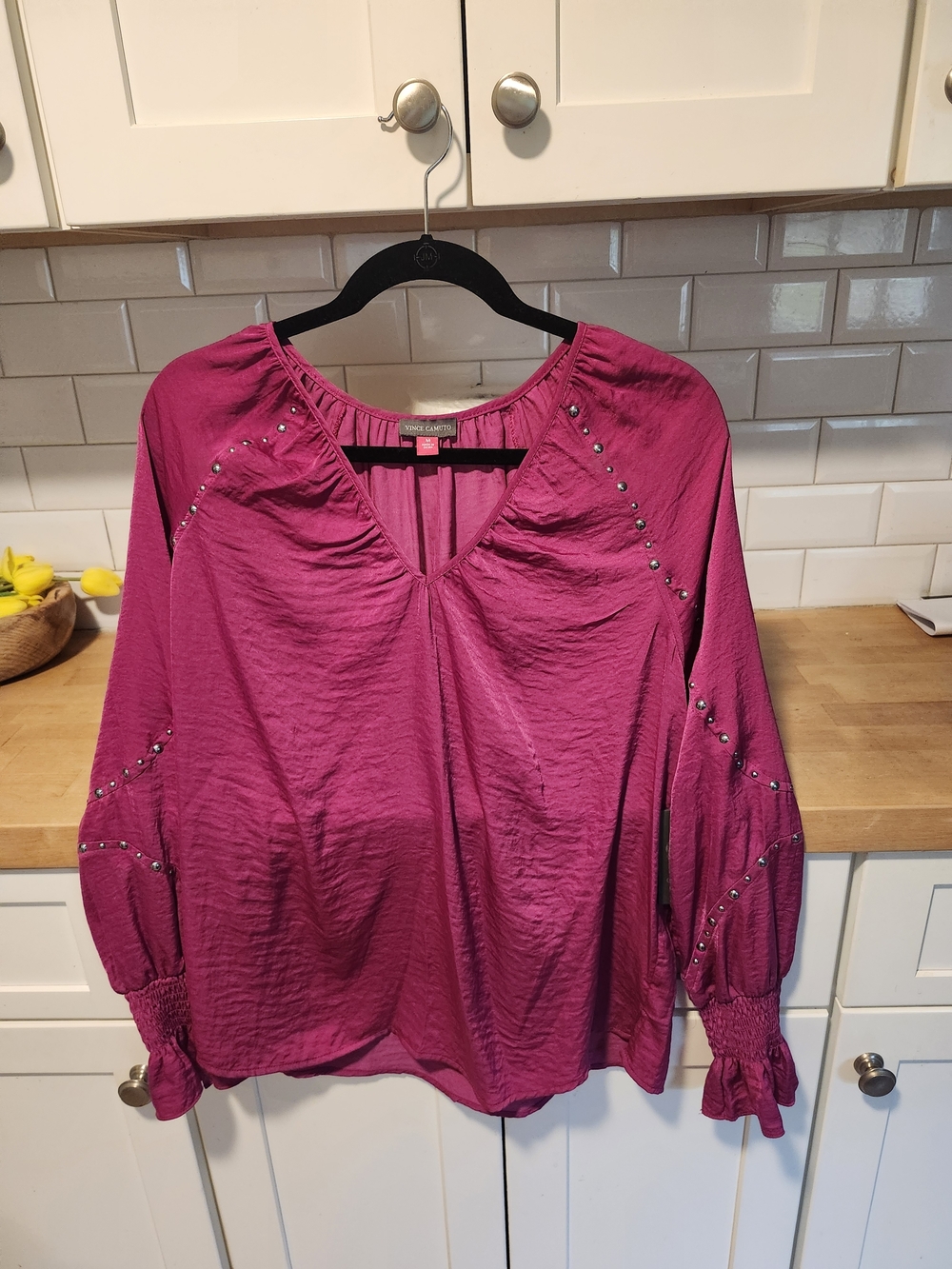 Vince Camuto Fuchsia Studded V-Neck Balloon Sleeve Blouse